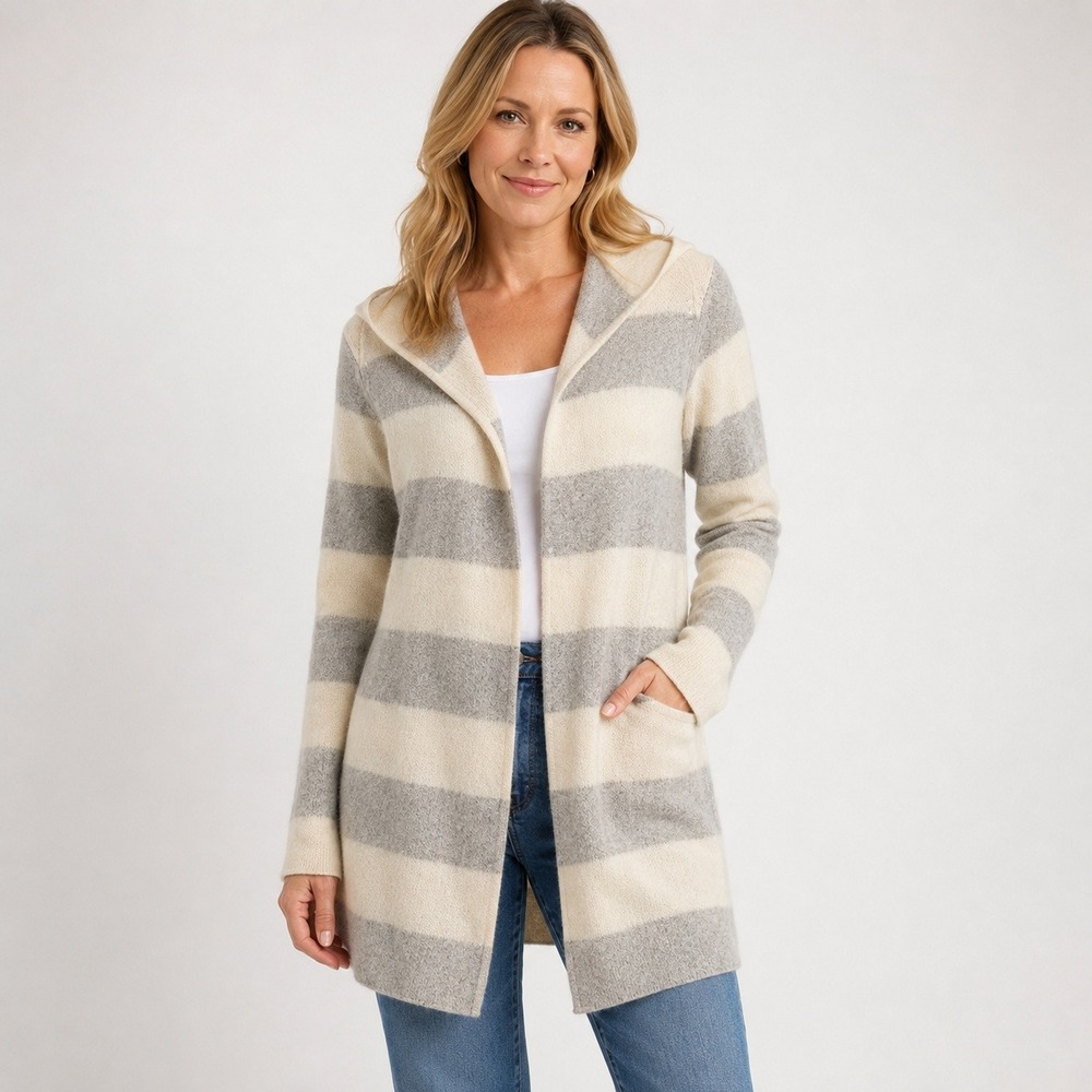 Christopher‎ Fischer 100% Cashmere Hooded Cardigan Stripe Cream Gray M